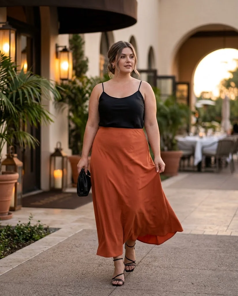 Plus Size Vacation Dinner Outfits: Elegant Looks for Warm Evenings 8 Terracotta Maxi Skirt With a Black Cami Top Plus Size Vacation Dinner Outfit