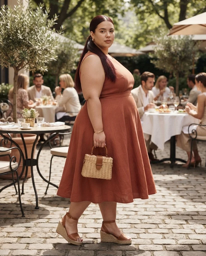 Plus Size Brunch Outfits for Women: 15 Stylish Ideas 16 Terracotta Midi Dress With Espadrille Wedges Plus Size Brunch Outfit