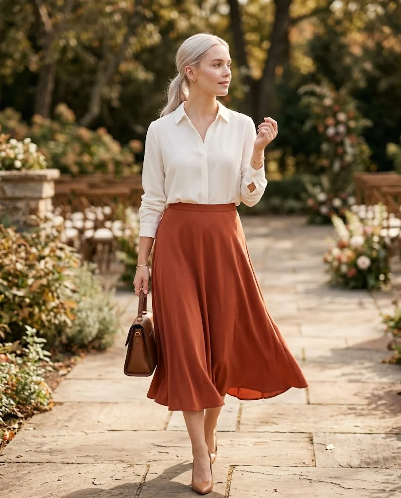 Twomen wearing erracotta Midi Skirt With an Ivory Blouse