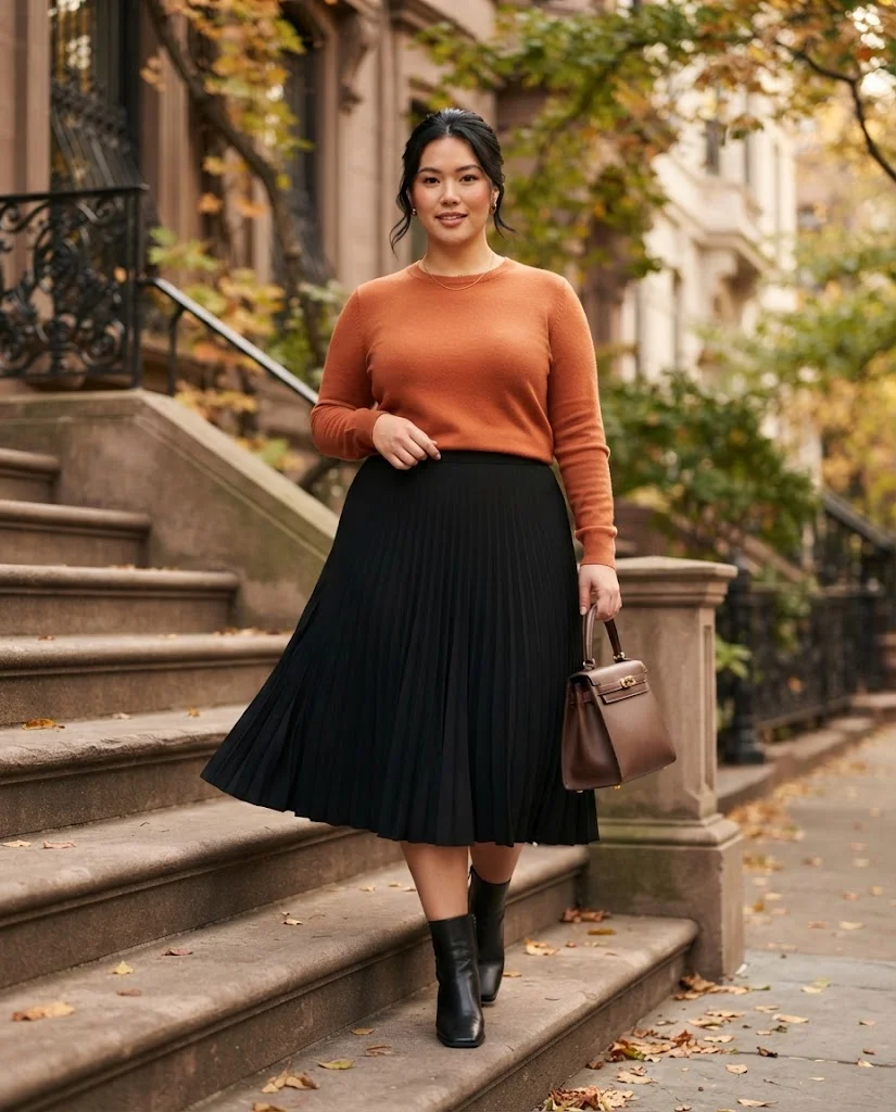 Plus Size Autumn Outfit Ideas for Women: 15 Chic Ideas 15 Terracotta Sweater With a Black Pleated Skirt, a stylish plus size autumn outfit for women