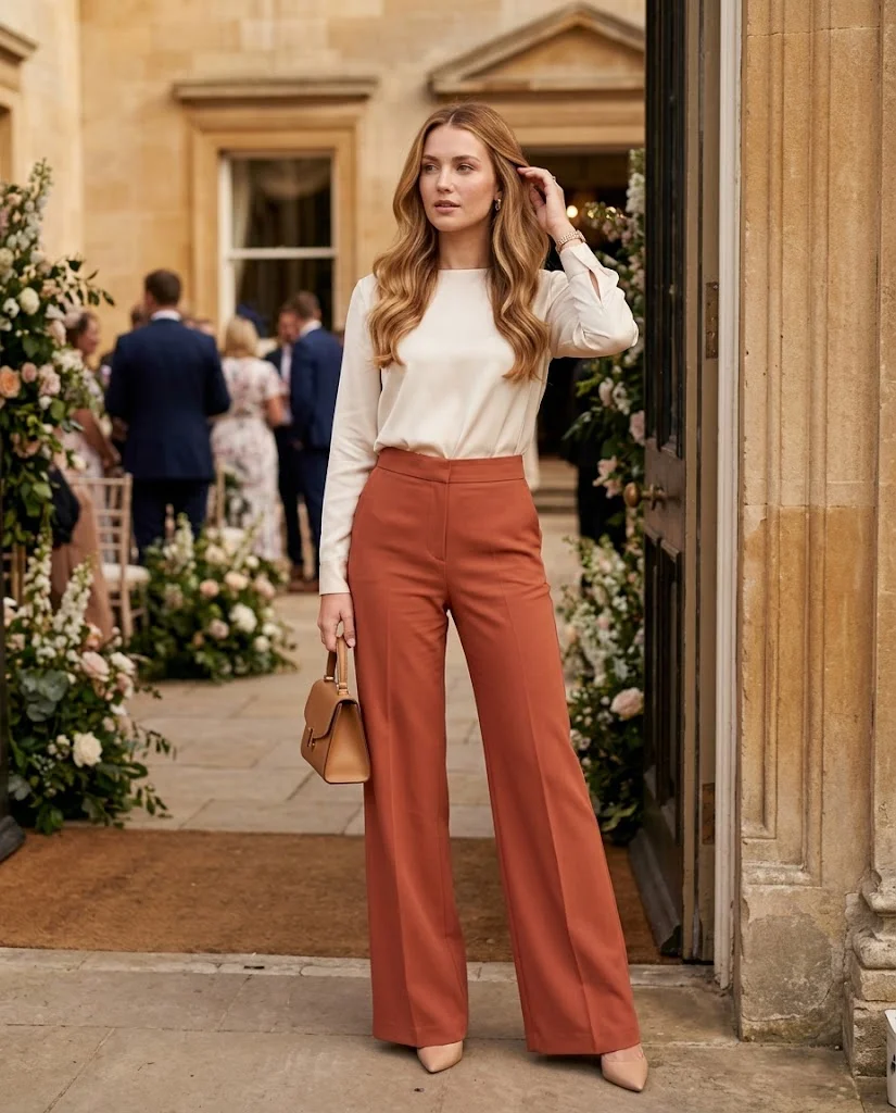 women wearing Terracotta Trousers With a Cream Blouse