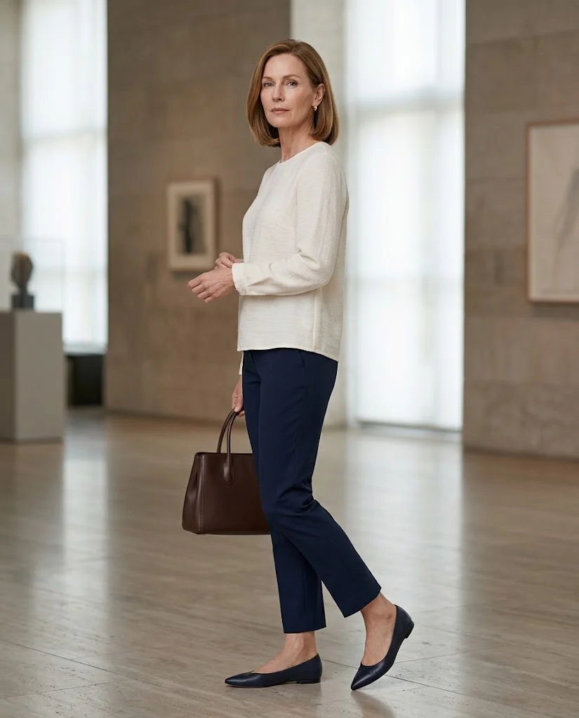 women wearing Textured Blouse With Navy Ankle Pants