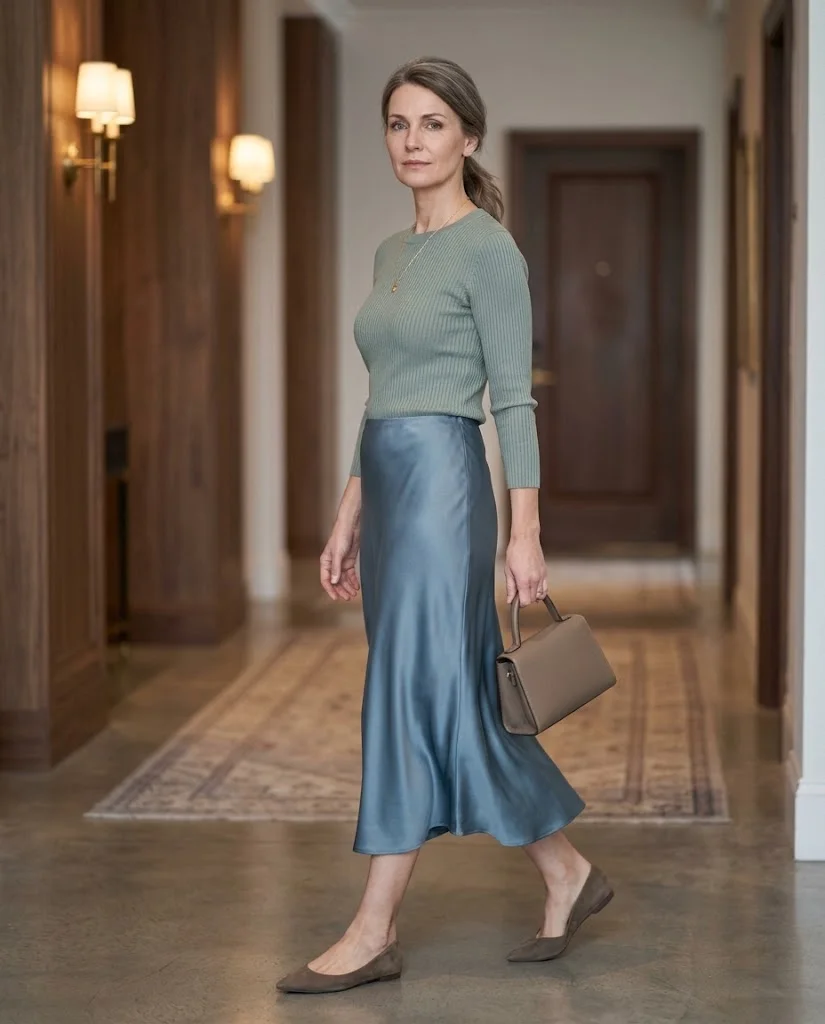 women wearing Textured Knit Top With a Flowing Midi Skirt