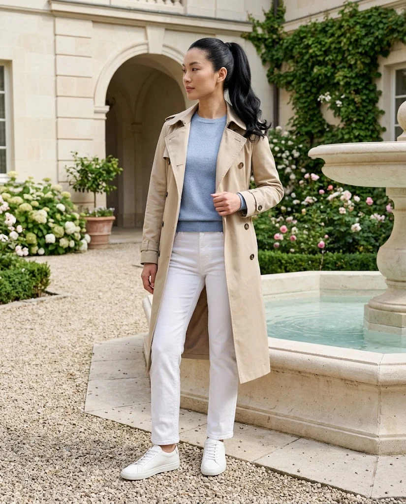 women wearing The Classic Trench and White Denim Combination