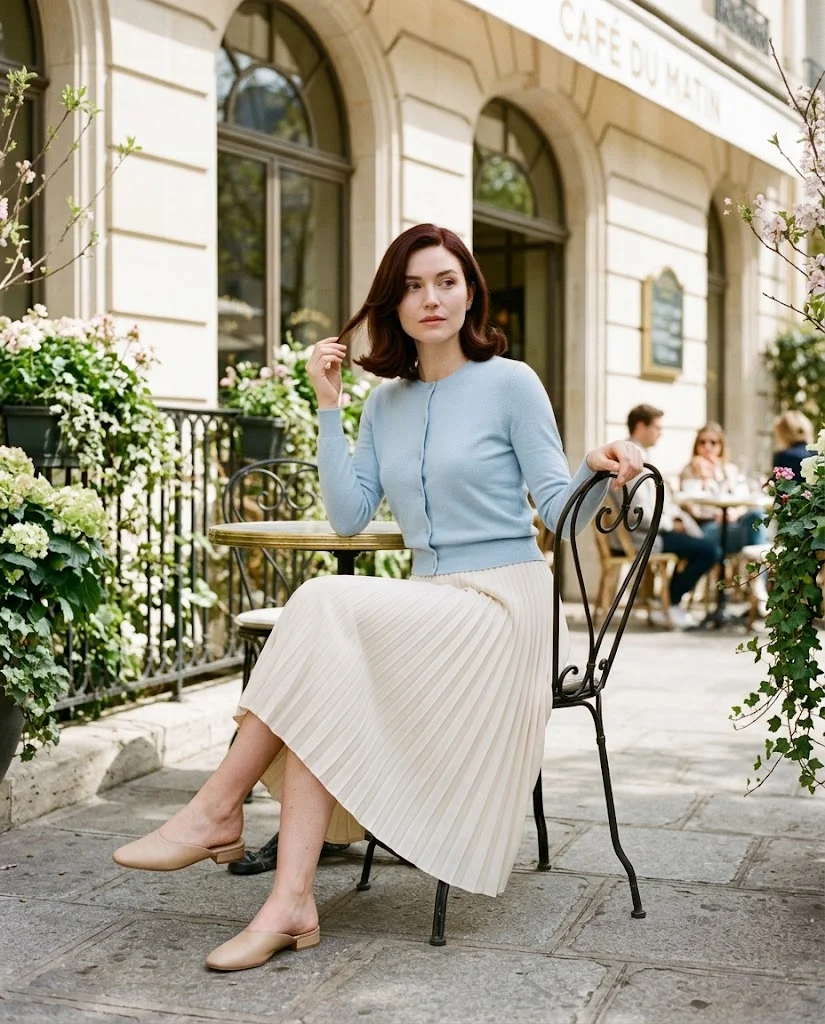 women wearing The Pastel Cardigan and Pleated Skirt Look