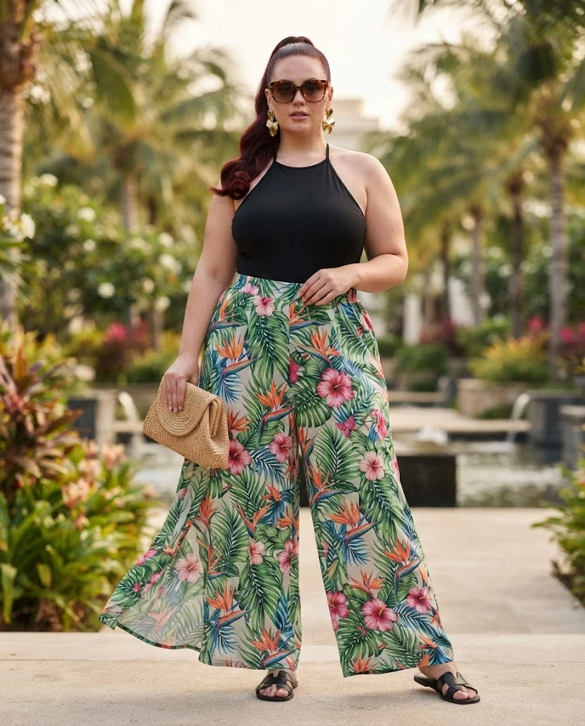 Tropical Print Palazzo Pants With a Black Halter Top Plus Size Resort Wear Outfit