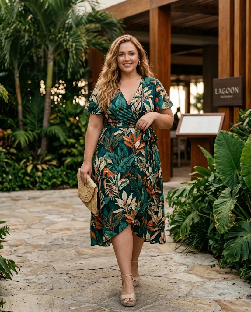 Plus Size Vacation Dinner Outfits: Elegant Looks for Warm Evenings 4 Tropical Print Wrap Midi Dress With Wedge Sandals Plus Size Vacation Dinner Outfit