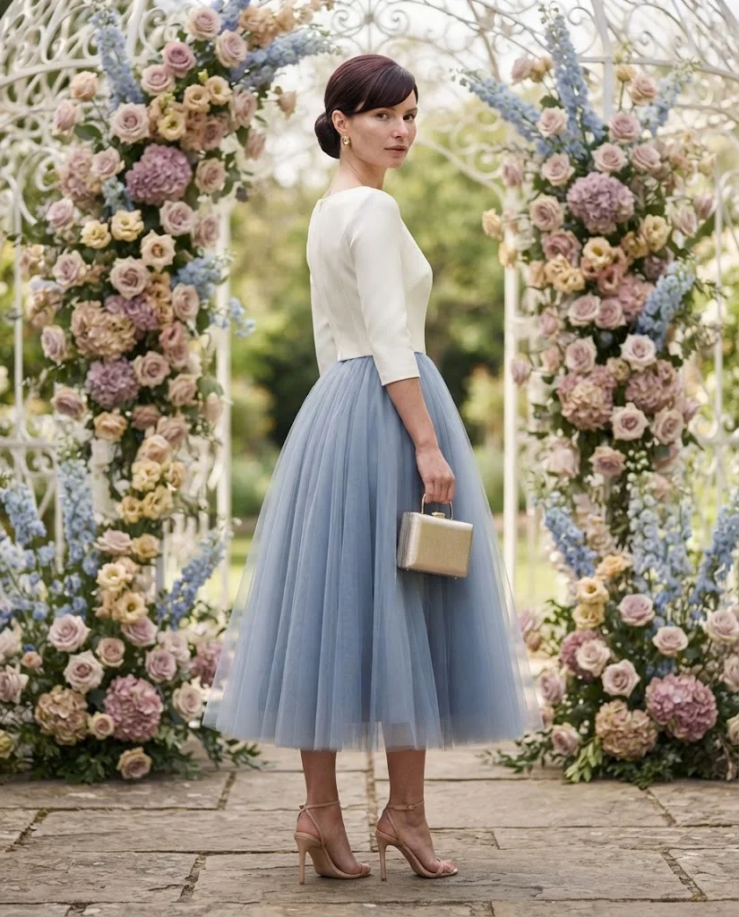 women wearing Tulle Midi Skirt With a Structured Top