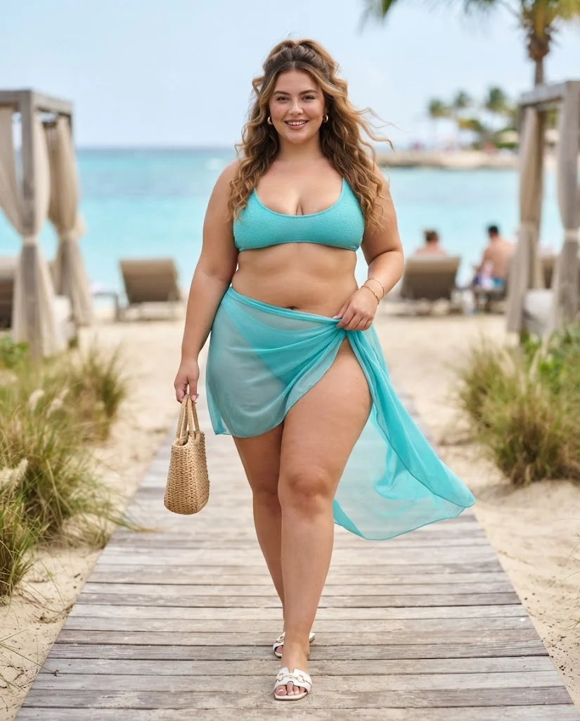 Plus Size Beach Outfits: Bold, Breezy & Stylish Looks 15 Turquoise Bikini With a Sheer Matching Skirt Plus Size Beach Outfit
