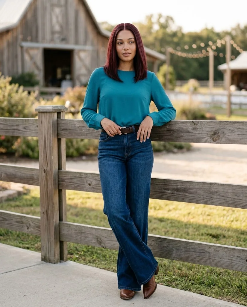 Turquoise Blouse with Dark-Wash Wide-Leg Jeans, a stylish western wedding guest outfit for women