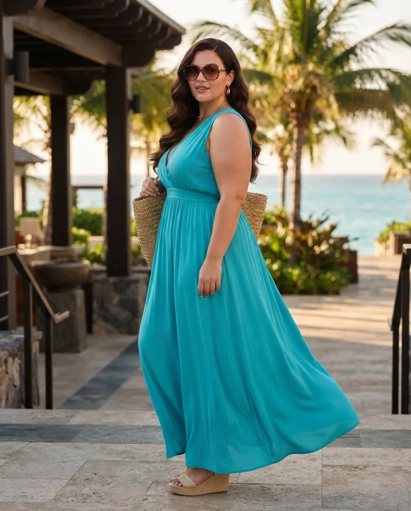 Turquoise Maxi Dress With Raffia Wedges Plus Size Resort Wear Outfit