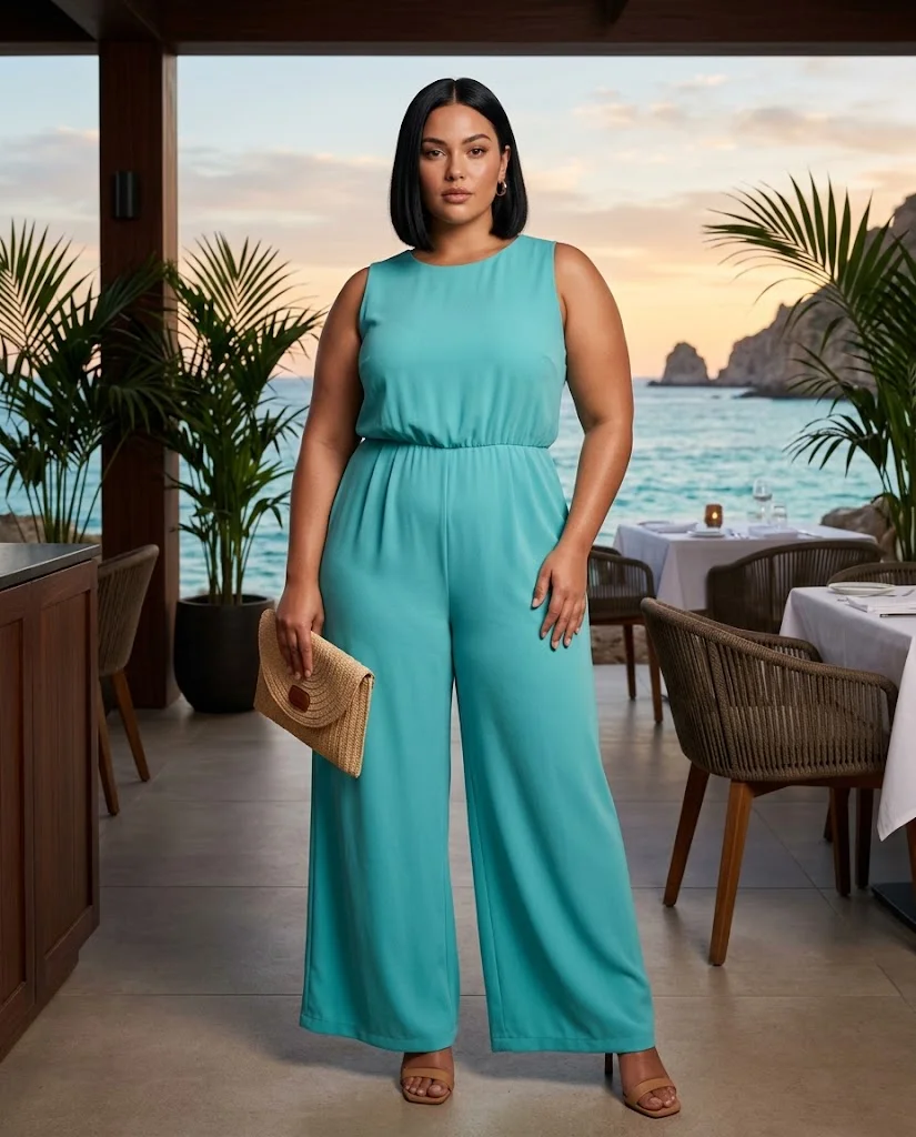 Plus Size Vacation Dinner Outfits: Elegant Looks for Warm Evenings 6 Turquoise Wide-Leg Jumpsuit With a Raffia Clutch Plus Size Vacation Dinner Outfit