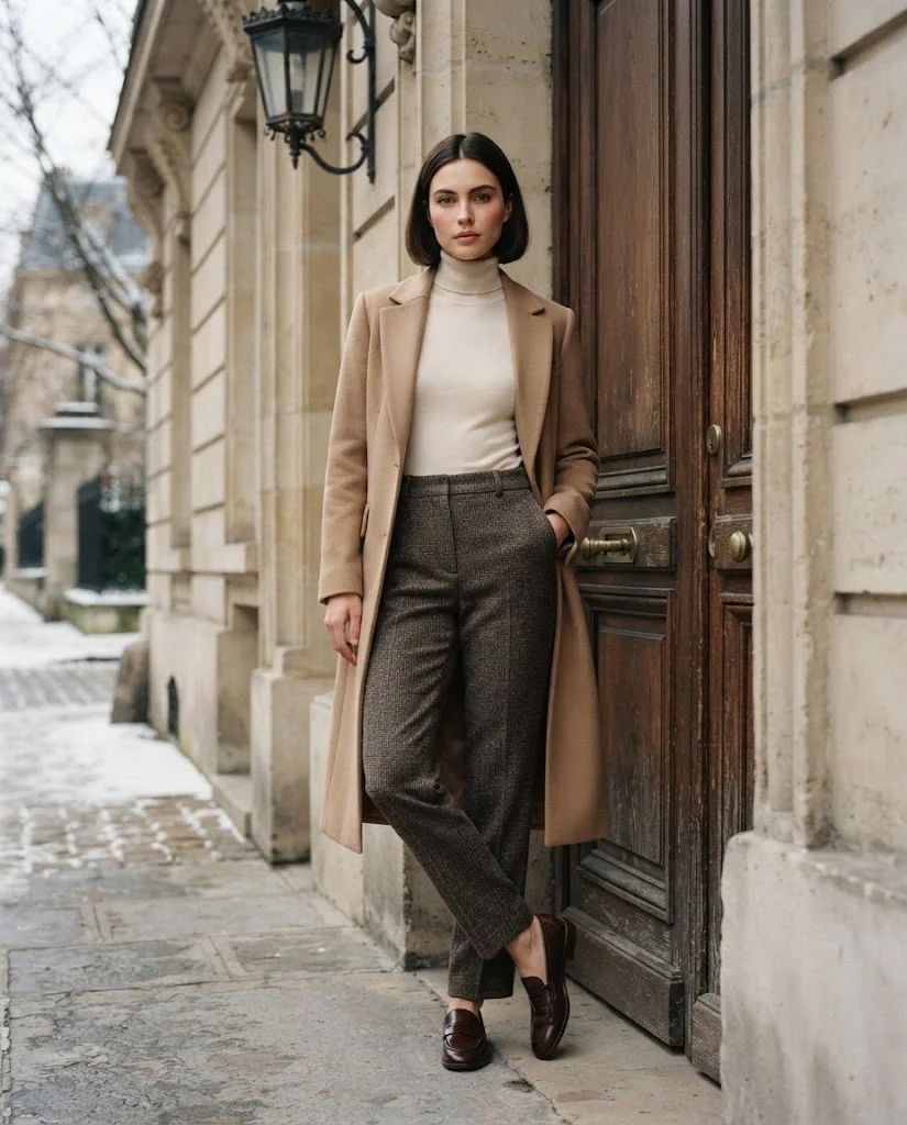 women wearing Turtleneck Sweater With Tweed Pants