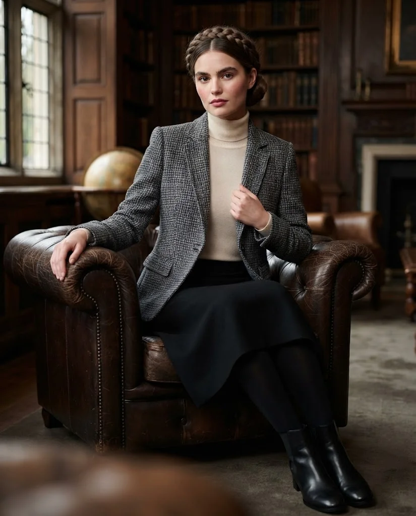 women wearing Tweed Jacket With Black Midi Skirt and Tights