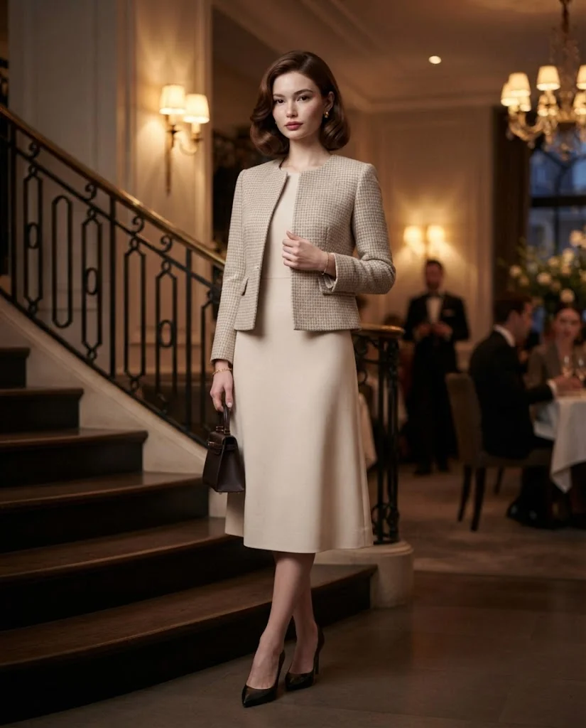 women wearing  Tweed Jacket With a Simple Dress