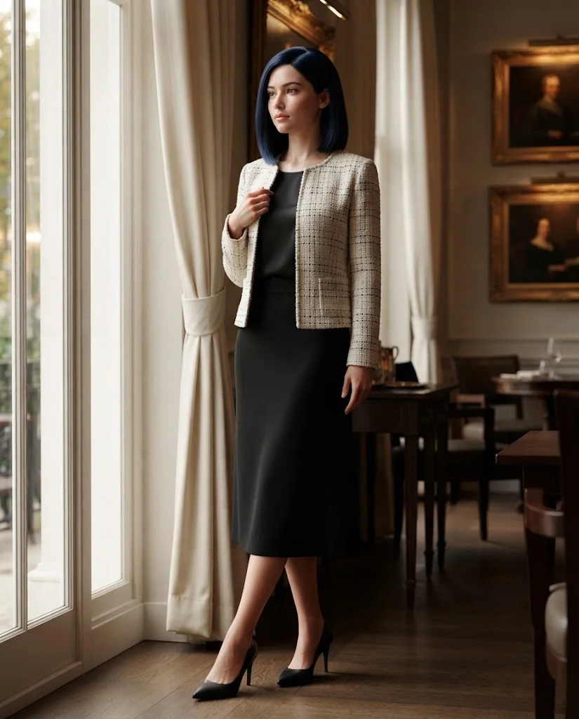 women wearing Tweed Jacket With a Sleek Midi Skirt