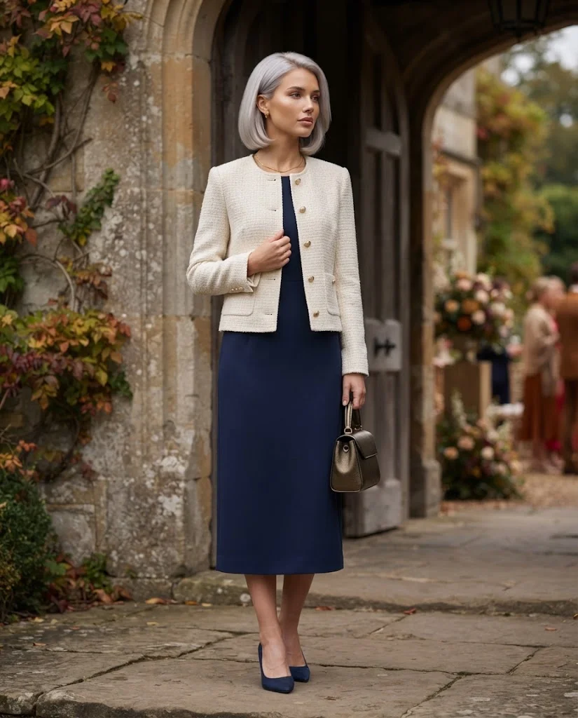 women wearing Tweed Jacket With an Elegant Midi Dress