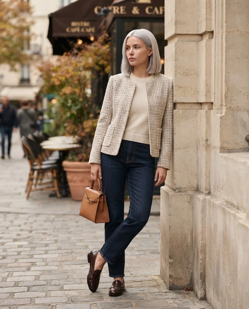 Tweed Jacket with Dark Denim, an elegant old money fall brunch outfit for women
