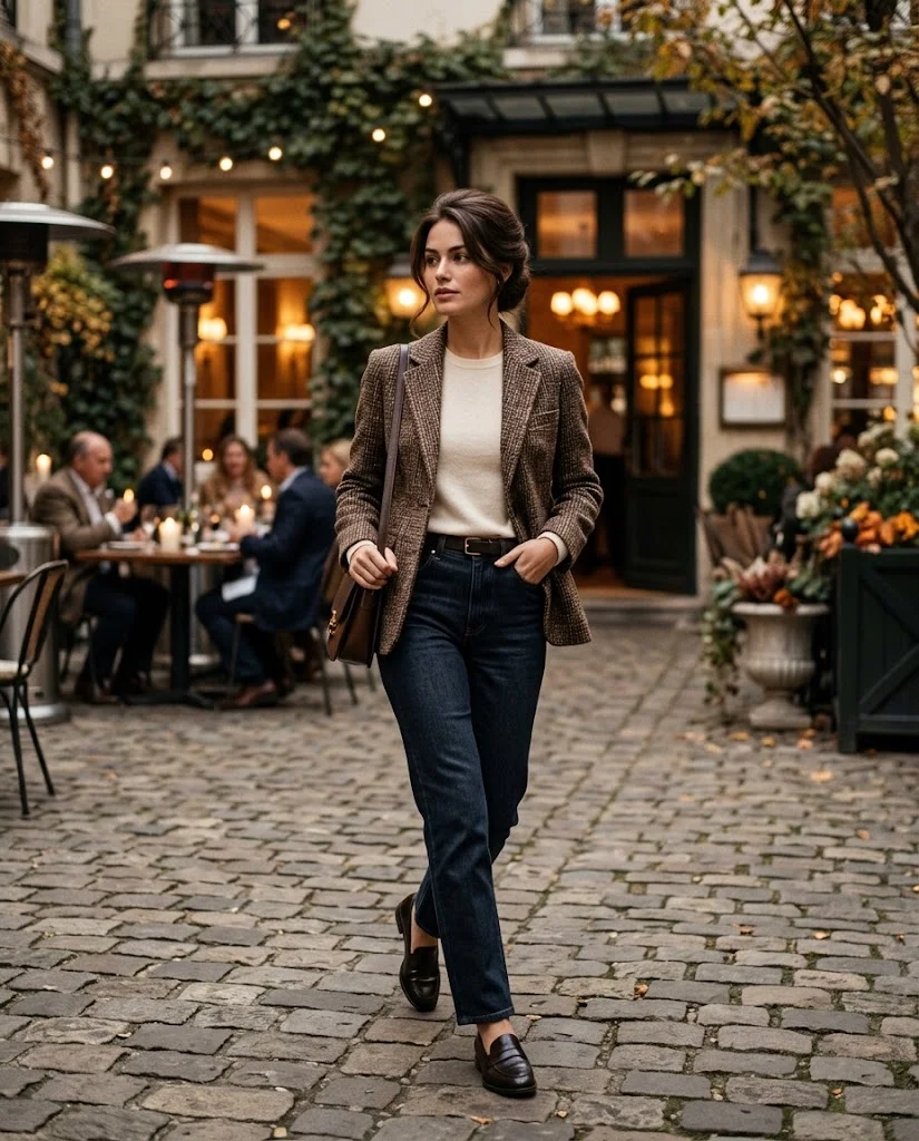 Tweed Jacket with Dark Straight-Leg Jeans, an elegant old money fall dinner outfit for women