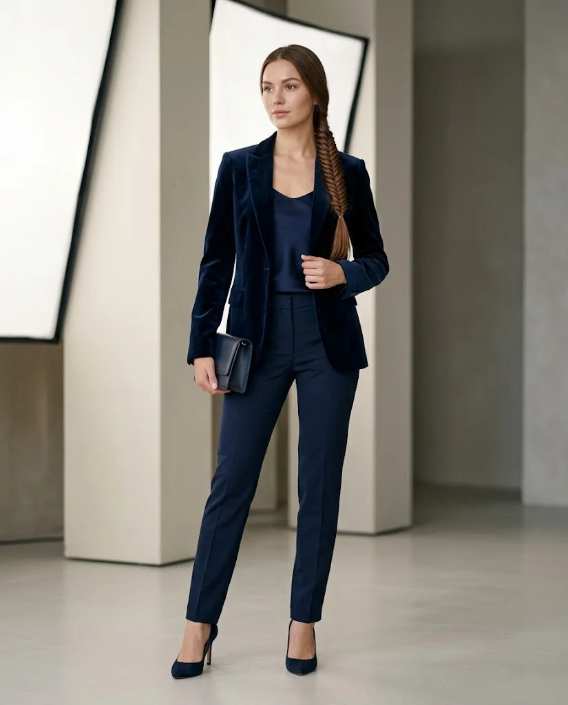 women wearing Velvet Blazer With a Silk Camisole and Trousers