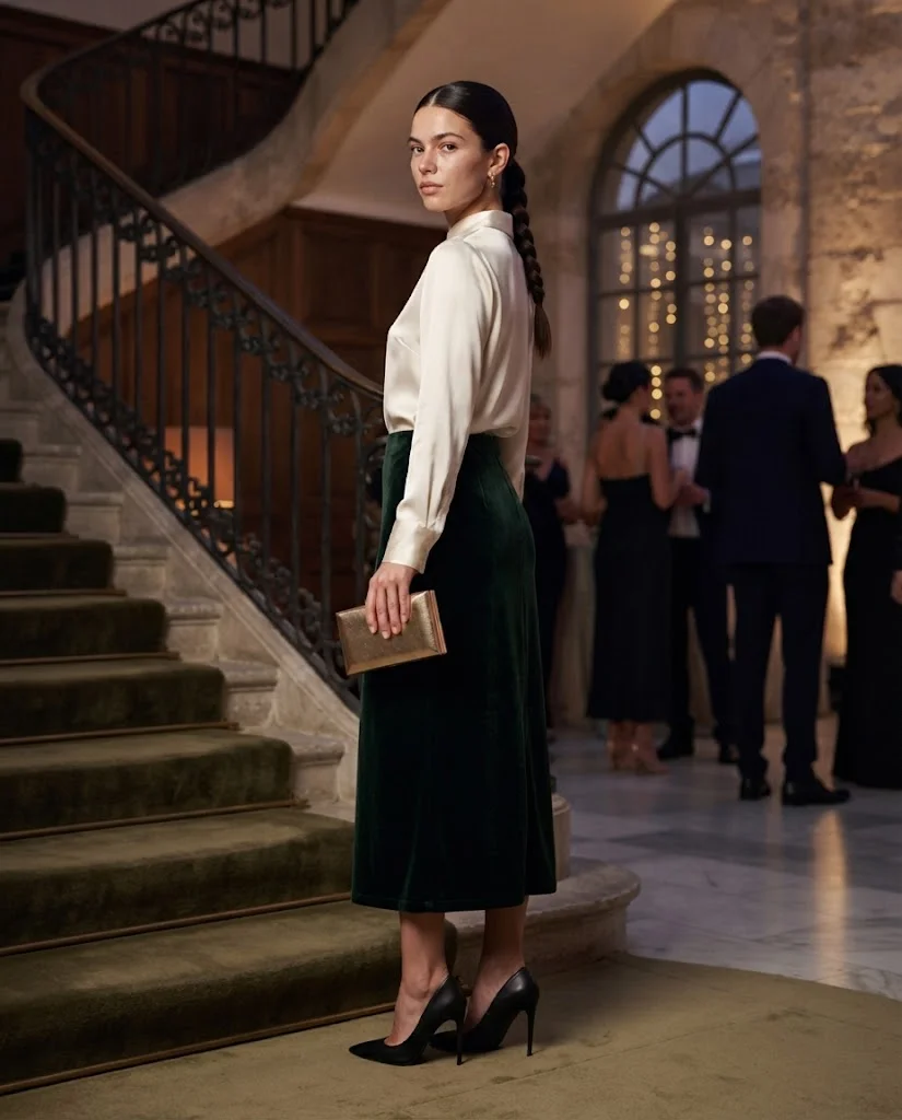 women wearing Velvet Midi Skirt With a Satin Blouse