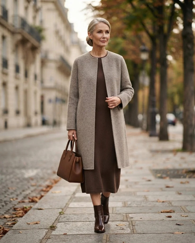 women wearing  Warm Gray Knit Coat With a Chocolate Dress