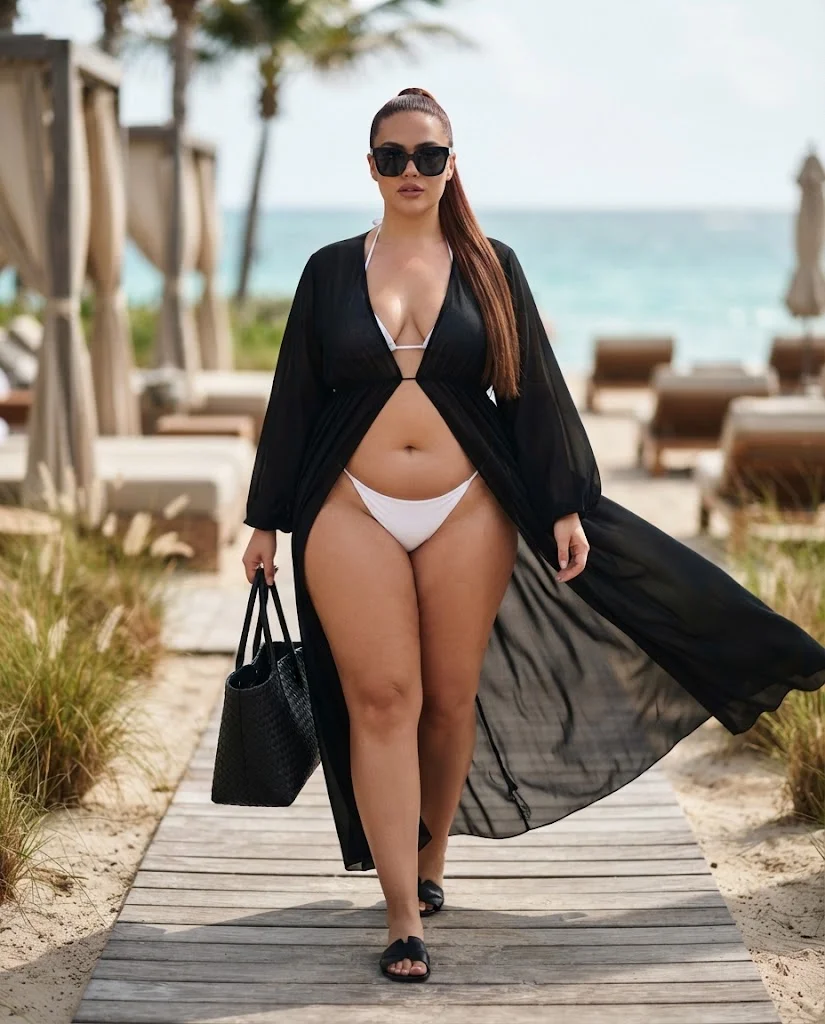 Plus Size Beach Outfits: Bold, Breezy & Stylish Looks 16 White Bikini With a Dramatic Black Sheer Cover-Up Plus Size Beach Outfit