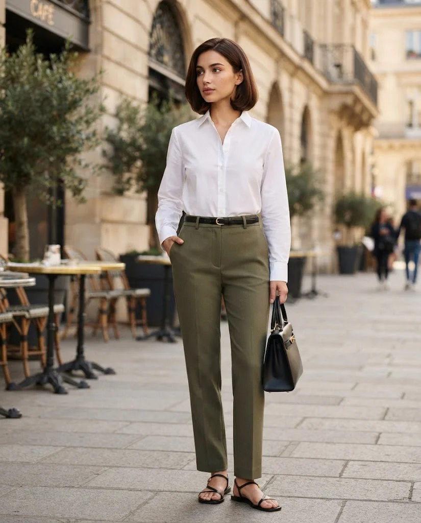 women wearing  White Blouse With Olive Pants
