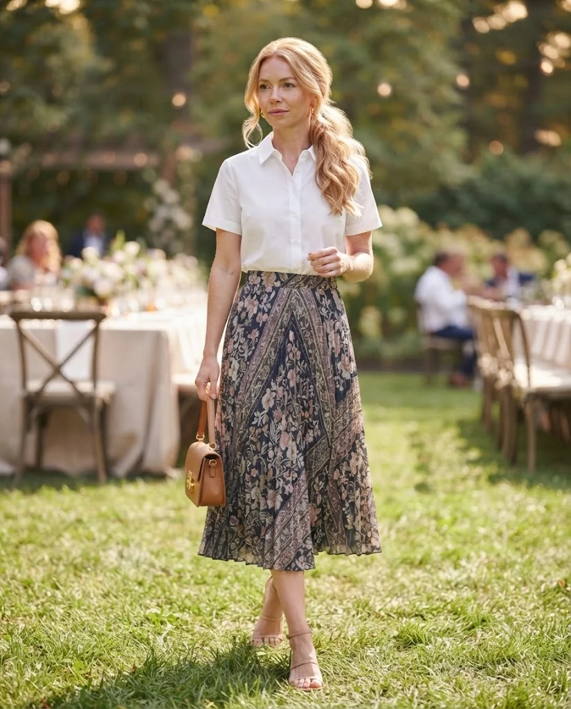 White Blouse With a Printed Midi Skirt