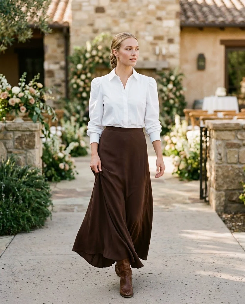 White Blouse with a Chocolate Brown Maxi Skirt, a stylish western wedding guest outfit for women