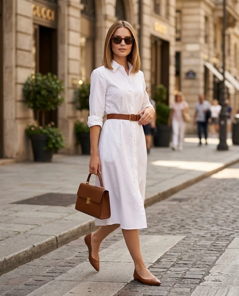 women wearing White Cotton Shirt Dress With Brown Belt