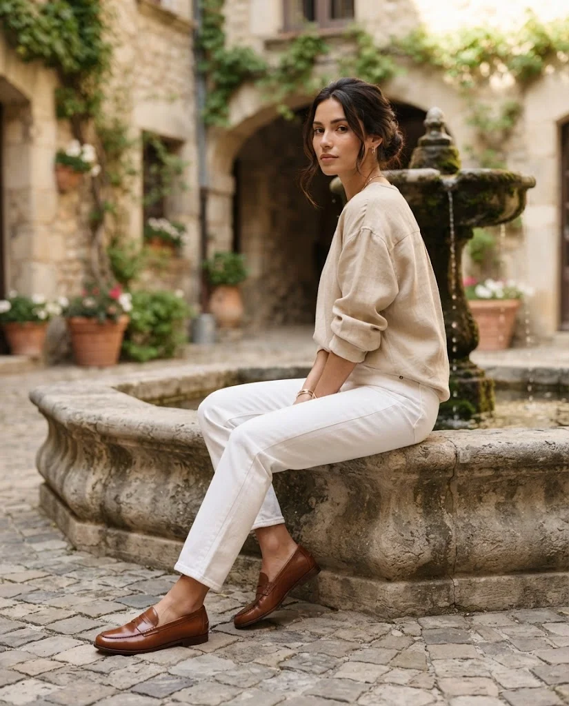 women wearing White Jeans Styled With a Breezy Linen Top