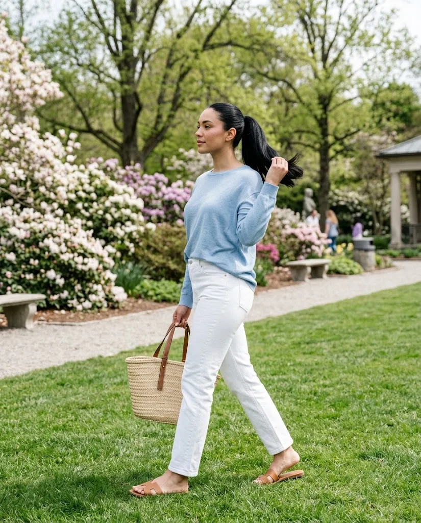  women wearing White Jeans With a Soft Blue Blouse