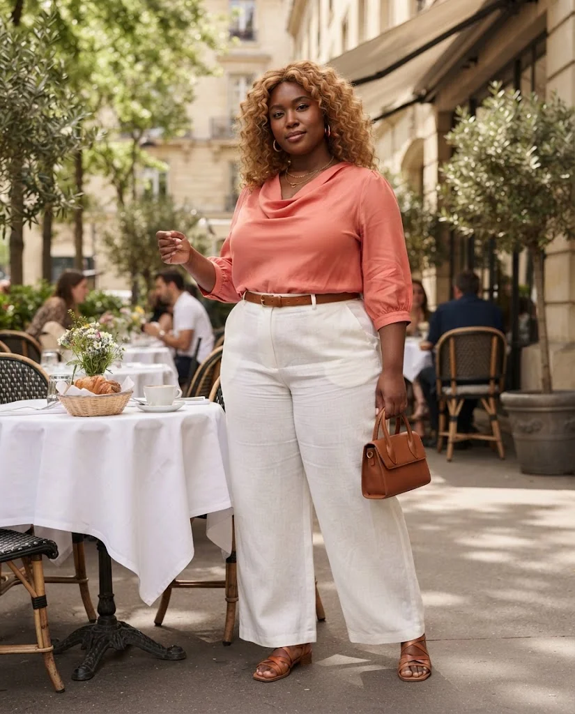 Plus Size Brunch Outfits for Women: 15 Stylish Ideas 3 White Linen Trousers With a Coral Blouse Plus Size Brunch Outfit