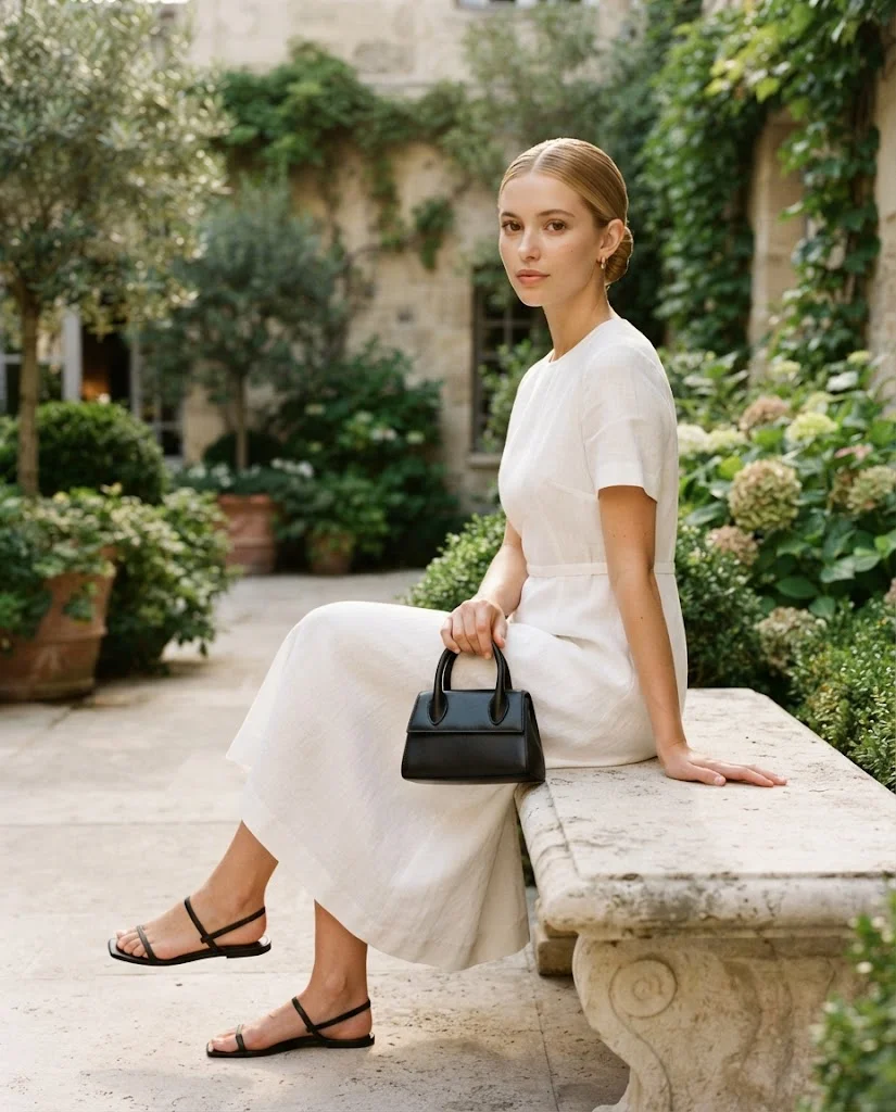 women wearing White Midi Dress With Black Minimal Sandals
