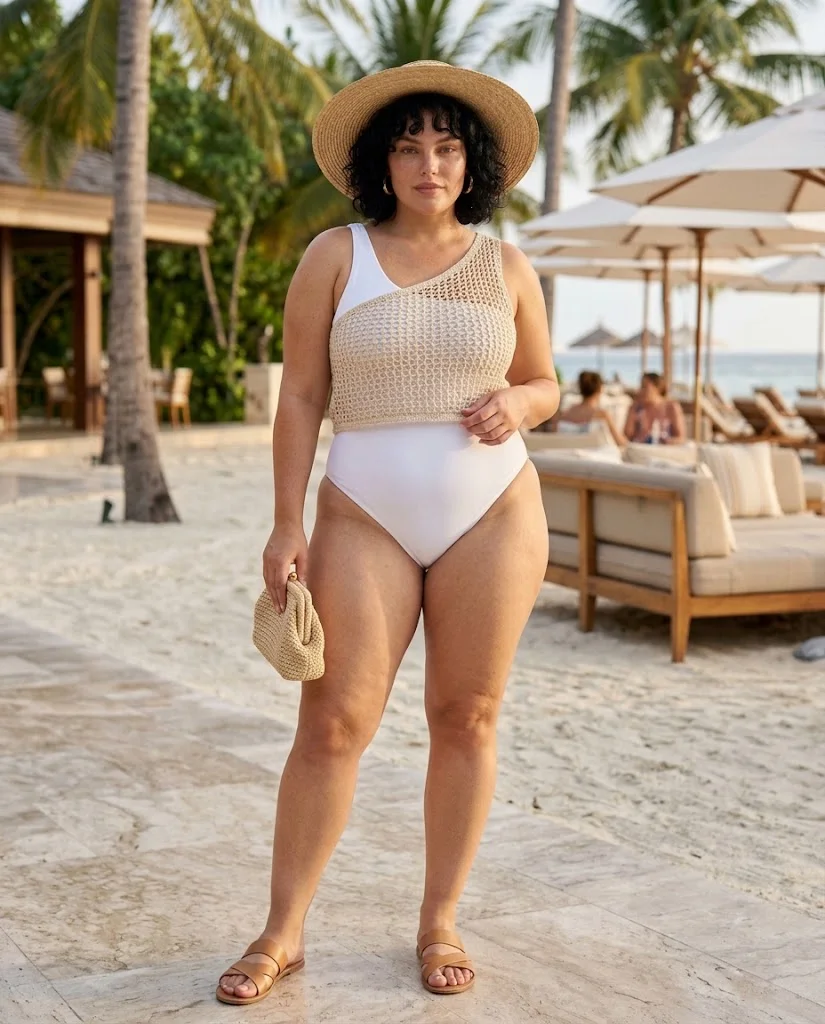 Plus Size Beach Outfits: Bold, Breezy & Stylish Looks 6 White One-Shoulder Swimsuit With a Cropped Crochet Top Plus Size Beach Outfit