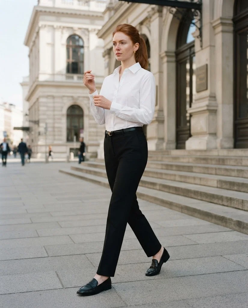women wearing White Shirt, Black Trousers, and Classic Loafers