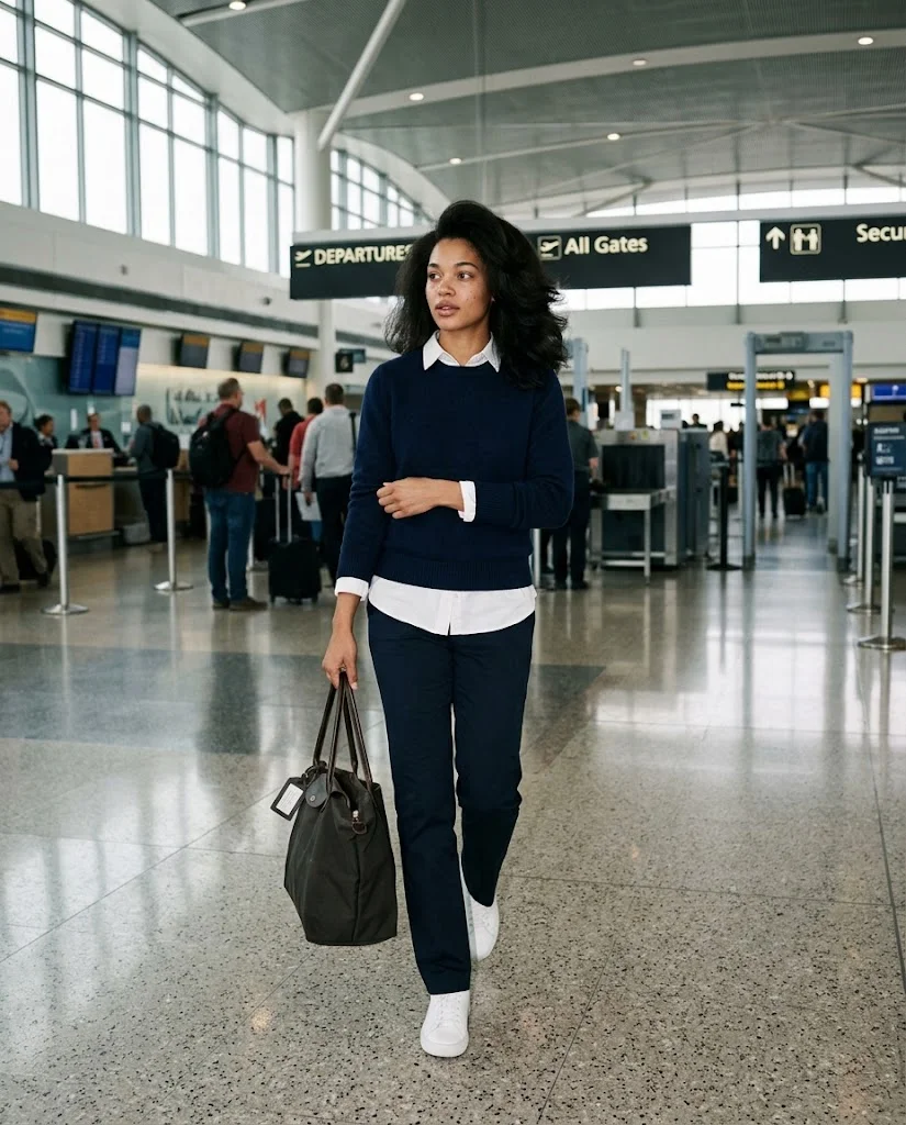 Old Money Airport Outfits: 20+ Chic Travel Looks for Women 12 women wearing White Shirt Under a Lightweight Sweater