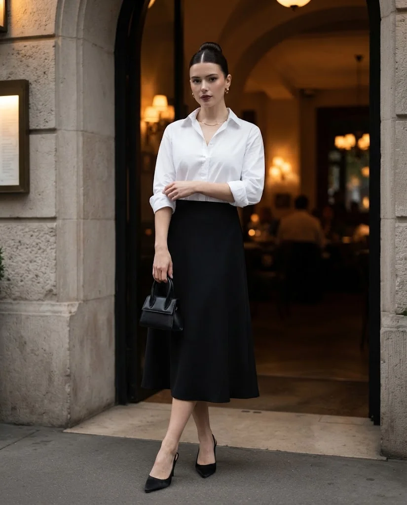 women wearing  White Shirt With a Black Midi Skirt
