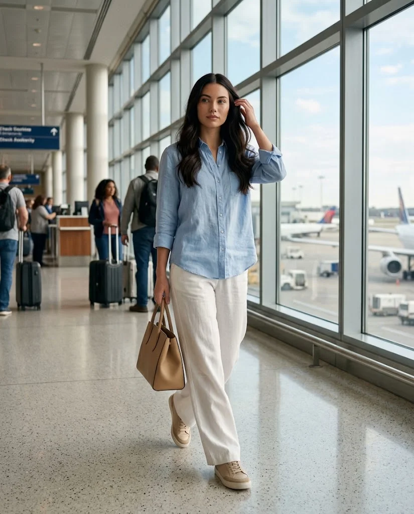 Old Money Airport Outfits: 20+ Chic Travel Looks for Women 18 women wearing White Trousers With a Lightweight Blue Shirt