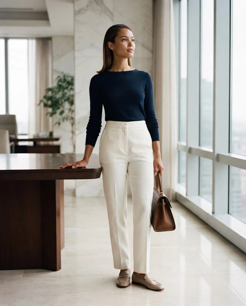 women wearing White Trousers With a Navy Top