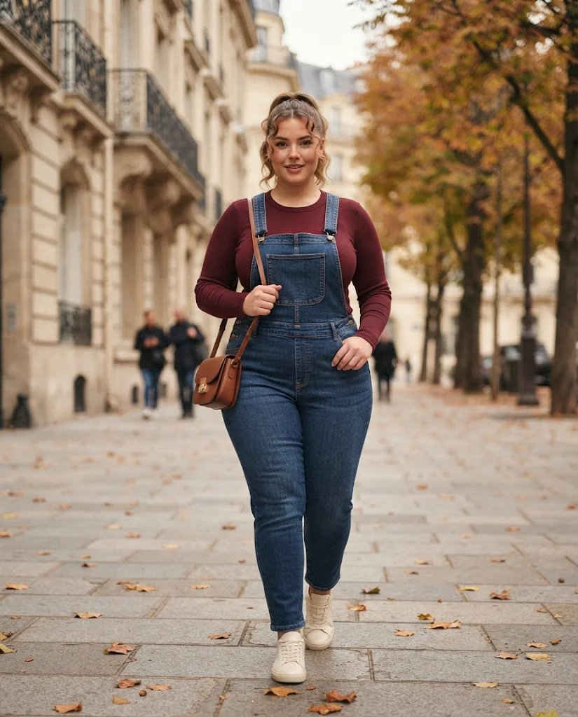 Plus Size Autumn Outfit Ideas for Women: 15 Chic Ideas 14 Wine-Colored Top With Dark Denim Overalls, a fun plus size autumn outfit idea