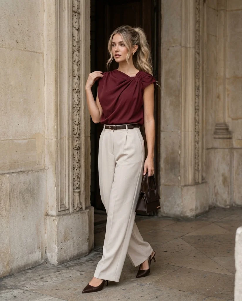 Early Fall Outfits for Women: 20+ Elegant Old Money Ideas 18 Wine-Red Draped Blouse with Stone-Colored Wide-Leg Trousers, an elegant old money early fall outfit for women