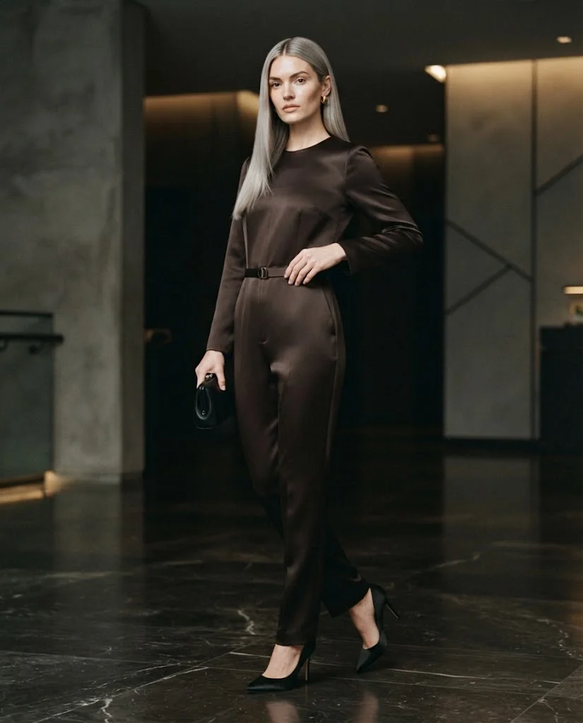  women wearing Dark Satin Jumpsuit With a Slim Waist Belt