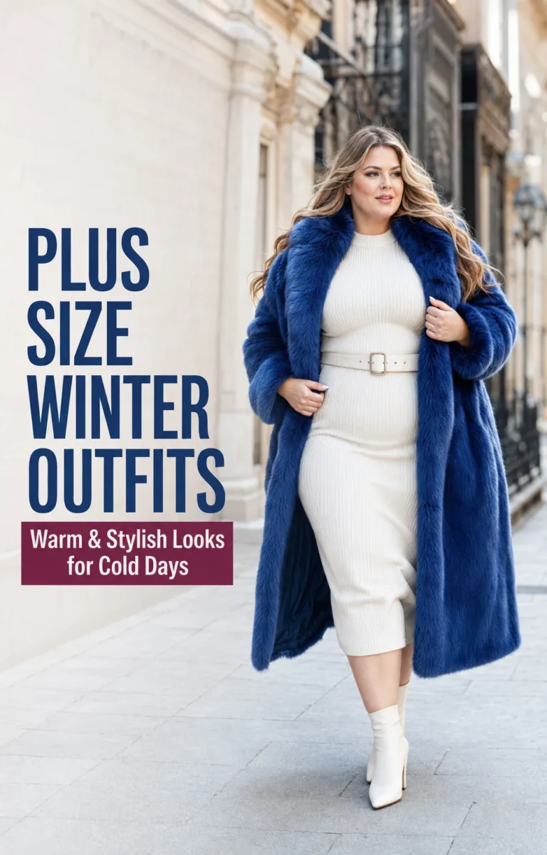 Plus size winter outfits for women featuring warm coats chunky knits and stylish layers
