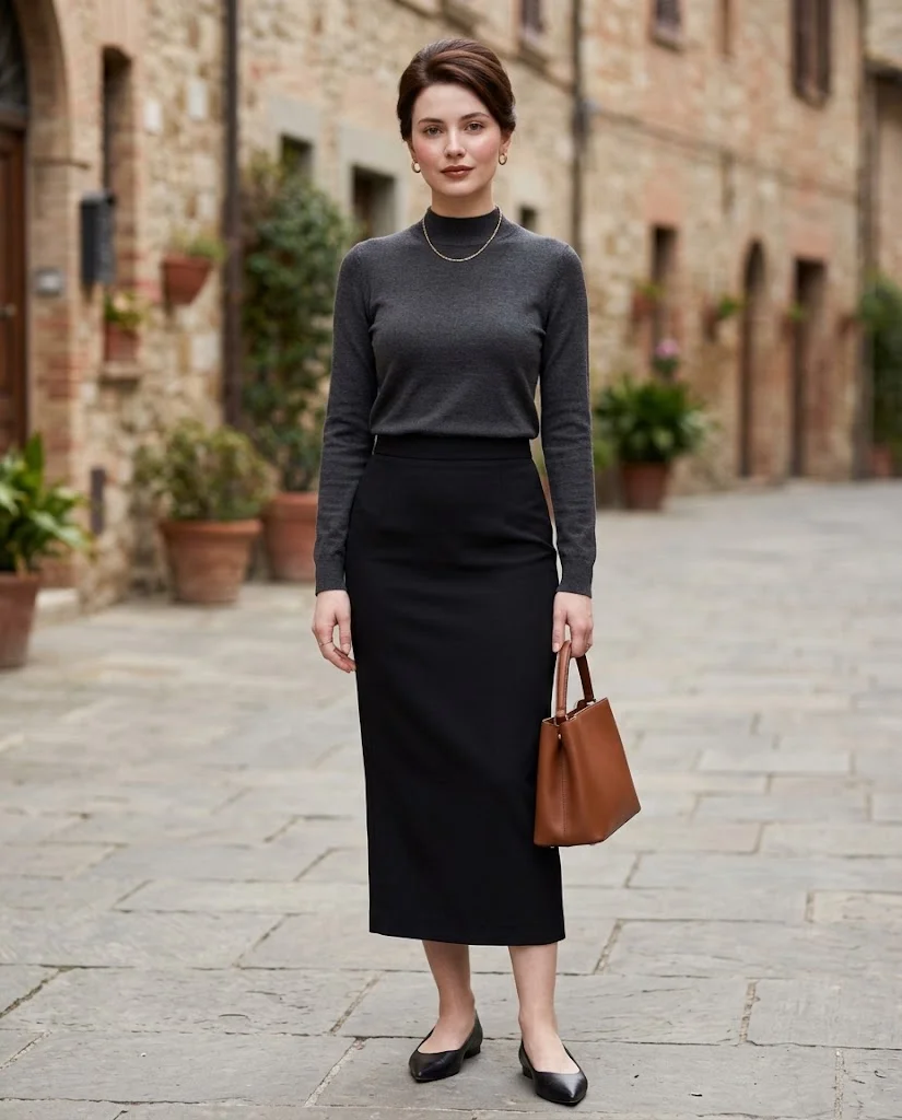 Elegant Old Money Outfits for Women: 20+ Timeless Ideas 20 women wearing Structured Knit Top With a Pencil Midi Skirt
