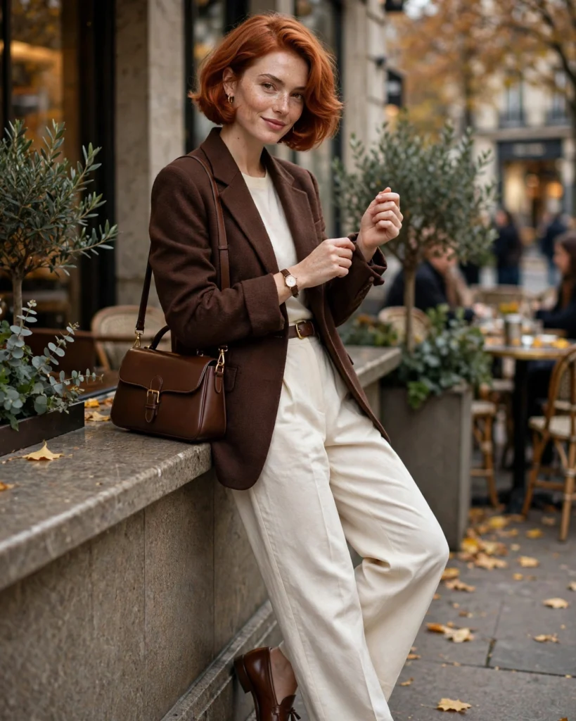 Chocolate Blazer with Cream Tailored Trousers Fall Fashion Outfit