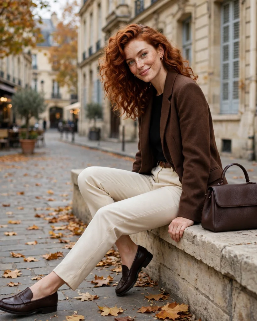 21 Nice Fall Outfits for 2026: Chic, Classy & Effortless Looks 2 Chocolate Brown Blazer with Cream Tailored Trousers Nice Fall Outfit