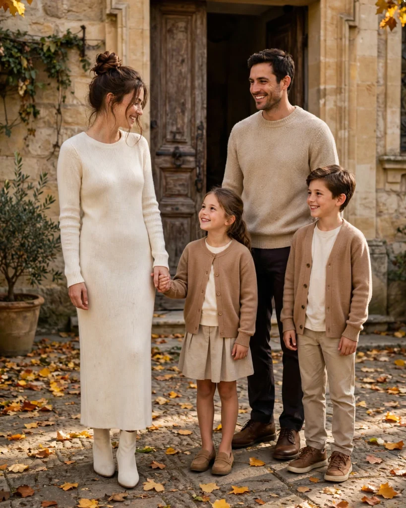 Cream, Beige, and Camel Family Outfits Fall Family Picture Outfit