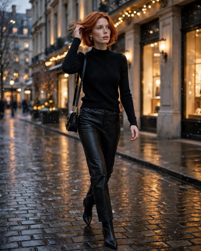21 Winter Going Out Outfits: Chic Looks for Cold Nights 2 Leather Pants with a Fitted Black Sweater Winter Going Out Outfit